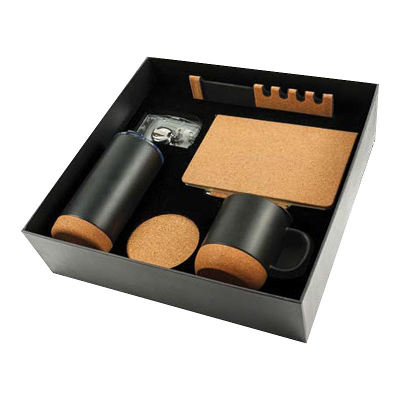 Black Cardboard Gift Box With Cork Notebook, Cork Pen, Cork Tumbler & Cup